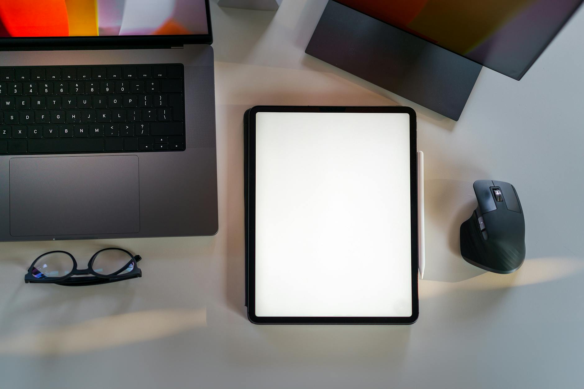 laptop empty tablet screen mockup top view office desk