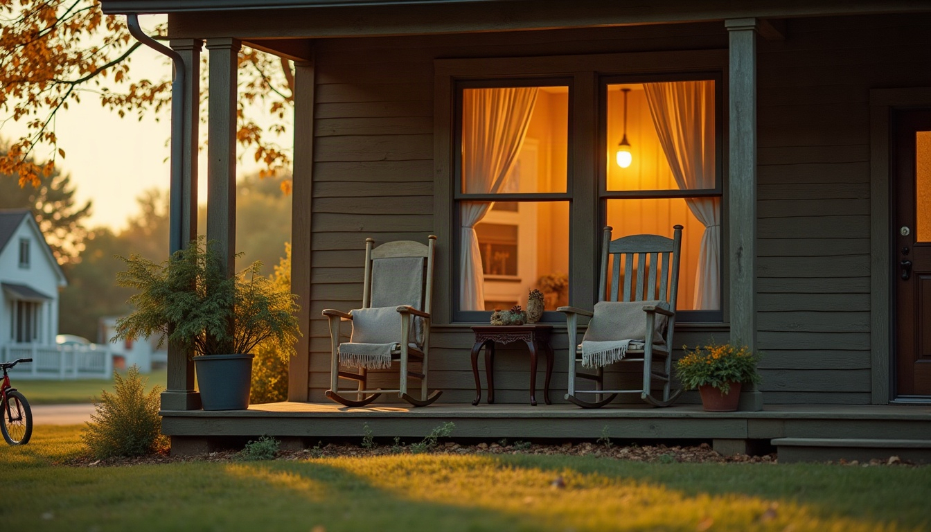 A cozy front porch with rocking chairs, a potted fern and a blanket on an autumn afternoon.
