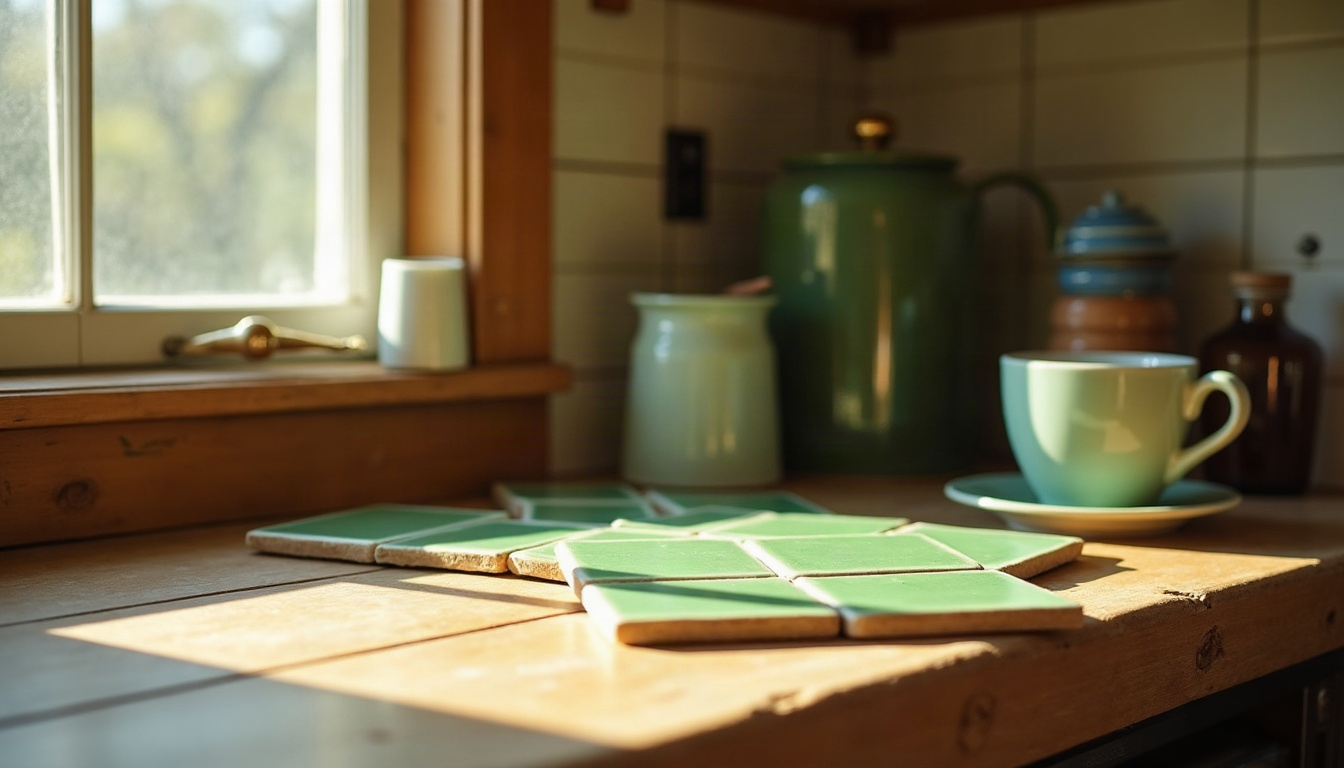 Glazed green and cream tiles on a wooden kitchen counter next to a coffee mug in late-afternoon light.