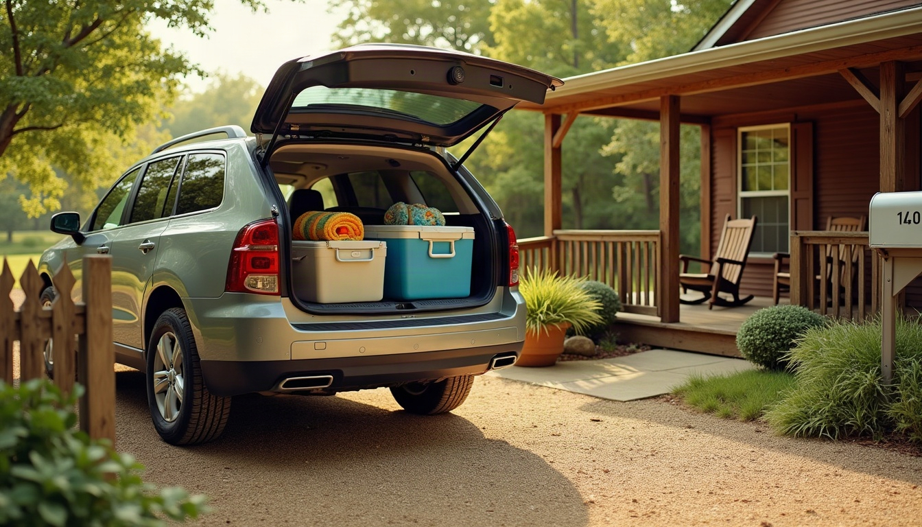 A family SUV loaded for a trip sits in a gravel driveway beside a picket fence and a front porch with rocking chairs.