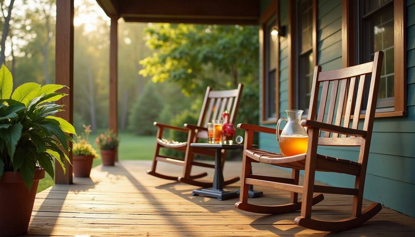 A front porch with two rocking chairs, a fern and a pitcher of iced tea in warm afternoon light.