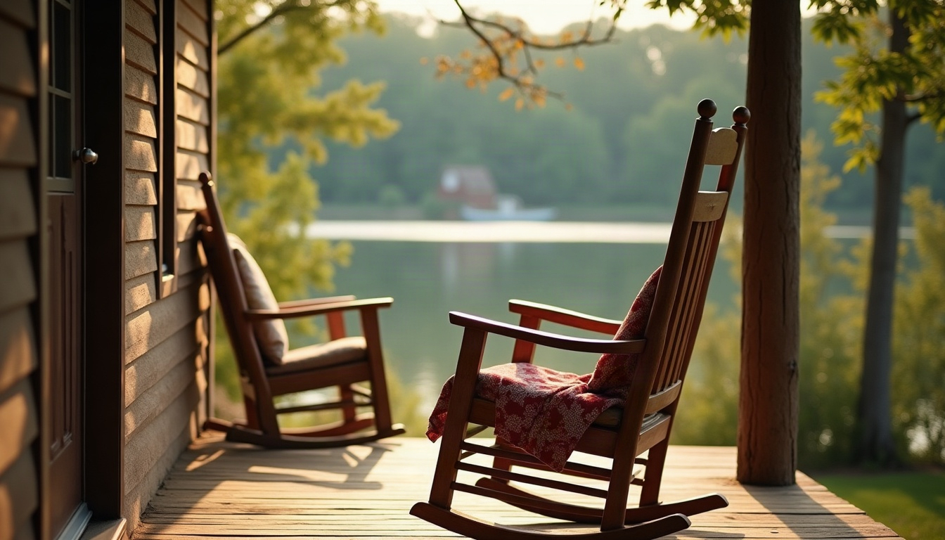 A wooden rocking chair with a folded quilt on a lake-house porch looking over a still lake in the afternoon sun.