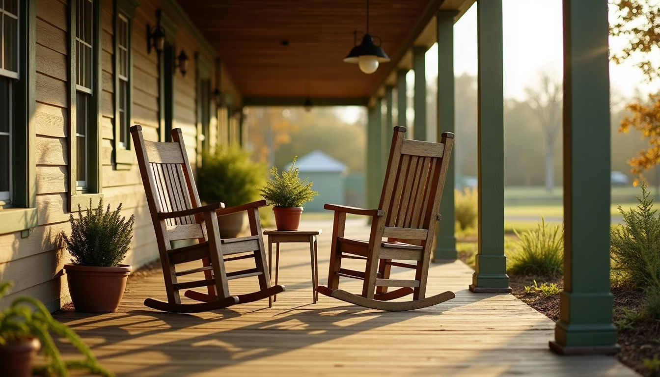 Two rocking chairs sit opposite each other across a small table on a front porch beside a potted fern in late-afternoon light.